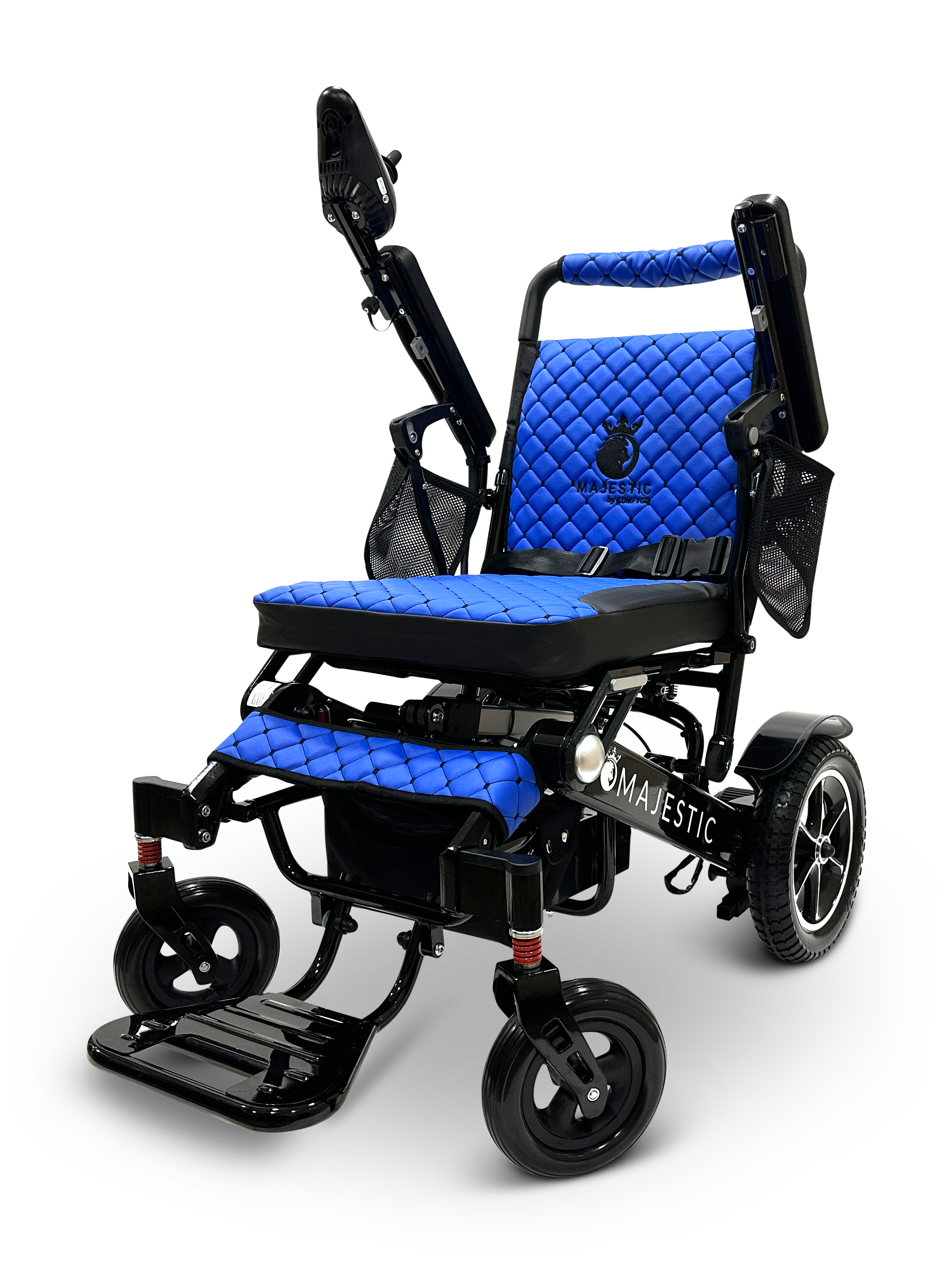 The MAJESTIC IQ-7000 Remote Controlled Electric Wheelchair features a stylish black and blue quilted design, equipped with a headrest, armrests, footrests, and an intelligent joystick on the arm. This lightweight wheelchair perfectly combines style with functionality.